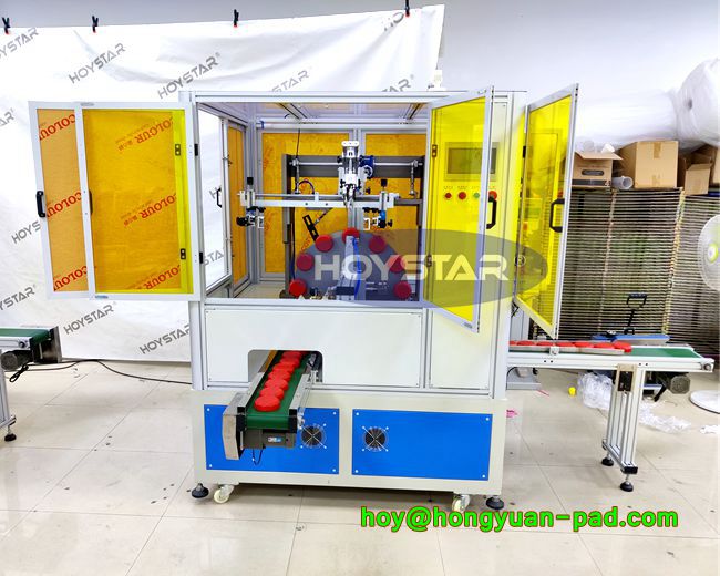 cylindrical screen printing machine,screen printing machine for plastic lid,screen printing machine for plastic cover,cosmetic lid screen printing machine,night cream lid screen printing machine,depilatory cream lid screen printing machine